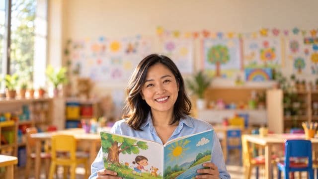 Professora de educação infantil sorrindo, com camisa casual azul-clara, segurando um livro infantil colorido sem título, em uma sala de aula infantil alegre, com mesinhas e desenhos nas paredes