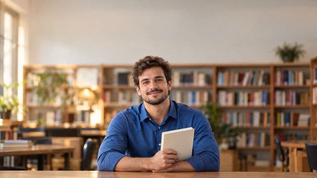 Professor de língua portuguesa sorrindo, com camisa social azul, segurando um livro de capa lisa, em uma biblioteca escolar com estantes