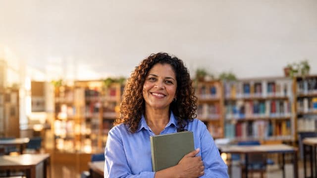 Professora de língua portuguesa sorrindo, com camisa social azul, segurando um livro de capa lisa, em uma biblioteca escolar com estantes