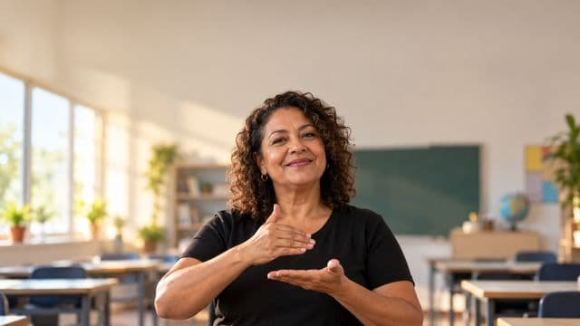 Intérprete de Libras sorrindo, com camisa preta lisa, fazendo um sinal em Libras com as mãos, em uma sala de aula moderna e clara