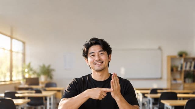 Intérprete de Libras sorrindo, com camisa preta lisa, fazendo um sinal em Libras com as mãos, em uma sala de aula moderna e clara