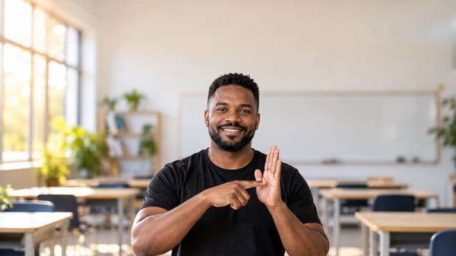 Intérprete de Libras sorrindo, com camisa preta lisa, fazendo um sinal em Libras com as mãos, em uma sala de aula moderna e clara