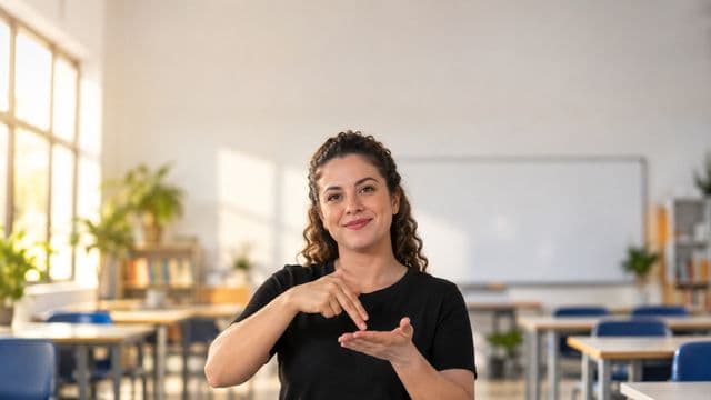 Intérprete de Libras sorrindo, com camisa preta lisa, fazendo um sinal em Libras com as mãos, em uma sala de aula moderna e clara