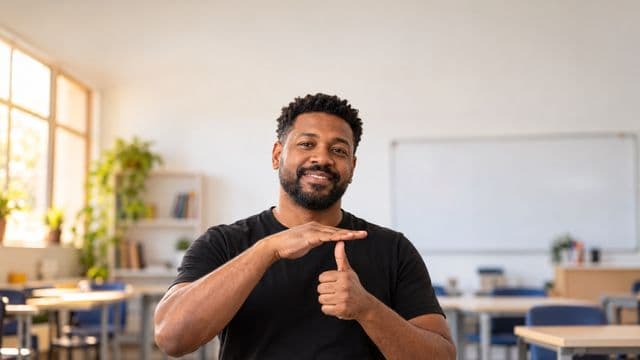 Intérprete de Libras sorrindo, com camisa preta lisa, fazendo um sinal em Libras com as mãos, em uma sala de aula moderna e clara