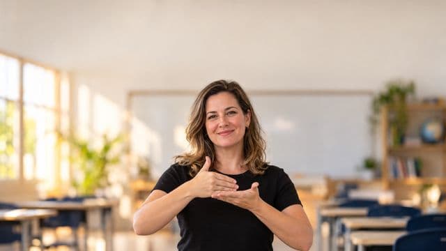 Intérprete de Libras sorrindo, com camisa preta lisa, fazendo um sinal em Libras com as mãos, em uma sala de aula moderna e clara