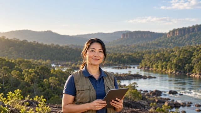 Gestora ambiental sorrindo, com camisa polo azul e colete de campo, segurando um tablet, em uma área de preservação com mata e um rio