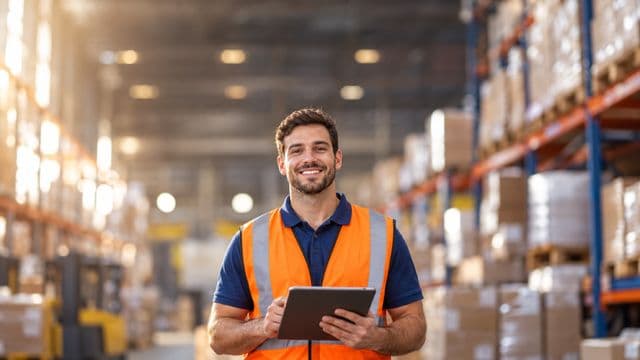 Profissional de logística sorrindo, com colete refletivo laranja sobre camisa polo azul, segurando um tablet, em um centro de distribuição com prateleiras altas e caixas