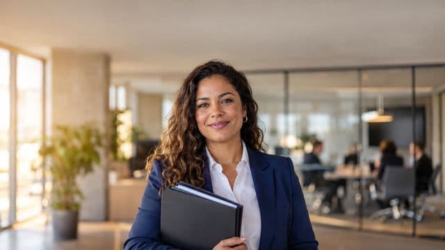 Profissional de recursos humanos sorrindo, com blazer azul sobre camisa branca, segurando uma pasta de documentos, em um escritório moderno com uma sala de reunião envidraçada