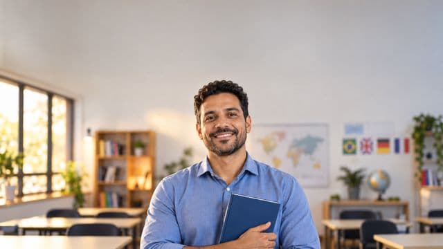 Professor de idiomas sorrindo, com camisa social azul, segurando um livro de capa lisa, em uma sala de aula de idiomas moderna