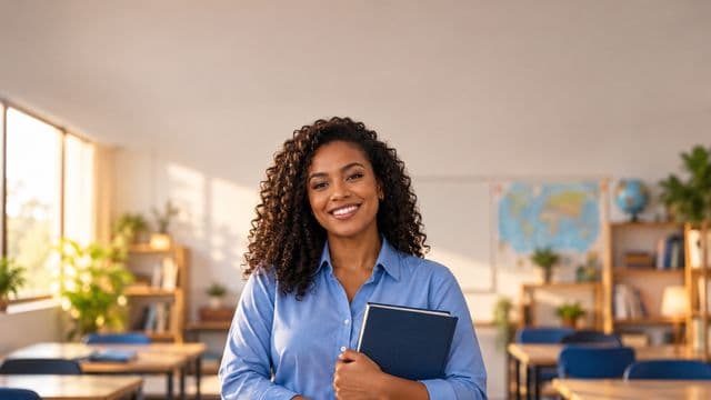 Professora de idiomas sorrindo, com camisa social azul, segurando um livro de capa lisa, em uma sala de aula de idiomas moderna