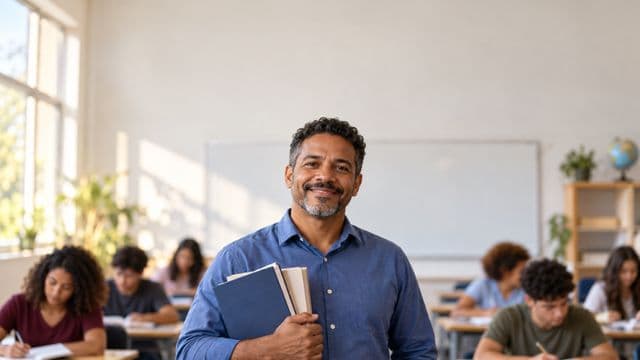 Professor sorrindo, com camisa social azul, segurando livros de capa lisa, em uma sala de aula moderna e clara com alunos desfocados