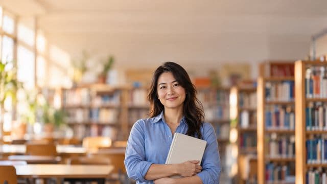 Professora de língua portuguesa sorrindo, com camisa social azul, segurando um livro de capa lisa, em uma biblioteca escolar com estantes