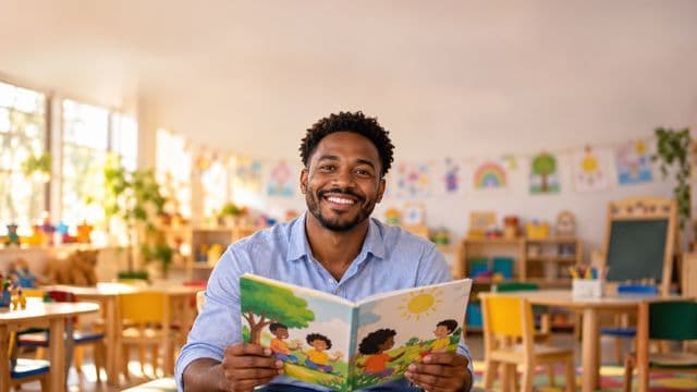 Professor de educação infantil sorrindo, com camisa casual azul-clara, segurando um livro infantil colorido sem título, em uma sala de aula infantil alegre, com mesinhas e desenhos nas paredes
