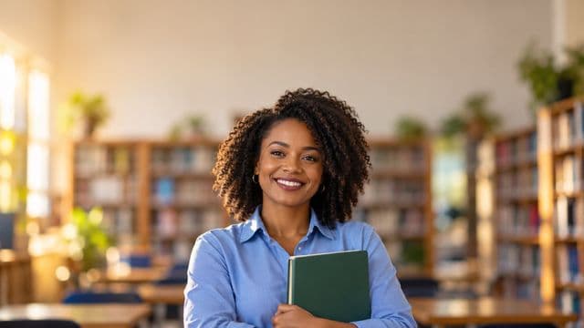 Professora de língua portuguesa sorrindo, com camisa social azul, segurando um livro de capa lisa, em uma biblioteca escolar com estantes