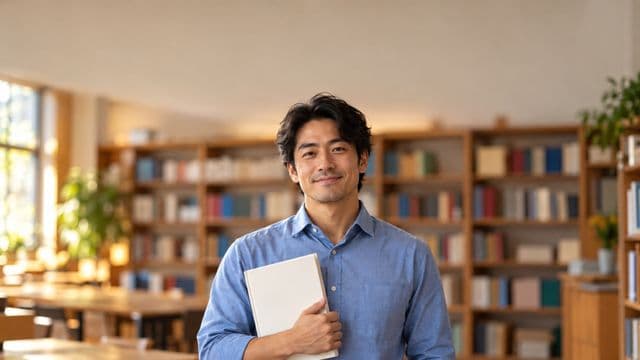 Professor de língua portuguesa sorrindo, com camisa social azul, segurando um livro de capa lisa, em uma biblioteca escolar com estantes