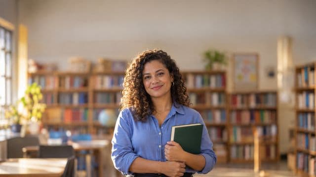 Professora de língua portuguesa sorrindo, com camisa social azul, segurando um livro de capa lisa, em uma biblioteca escolar com estantes