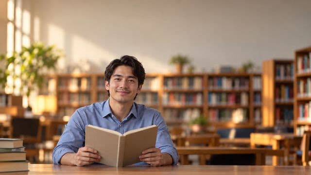 Professor de língua portuguesa sorrindo, com camisa social azul, segurando um livro de capa lisa, em uma biblioteca escolar com estantes