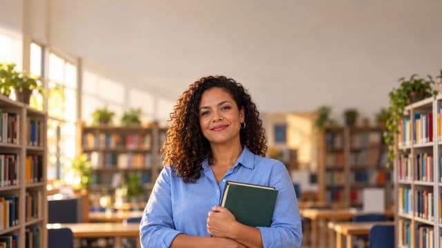 Professora de língua portuguesa sorrindo, com camisa social azul, segurando um livro de capa lisa, em uma biblioteca escolar com estantes