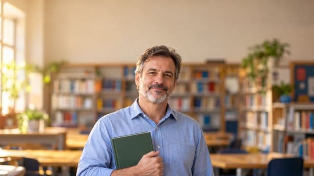 Professor de língua portuguesa sorrindo, com camisa social azul, segurando um livro de capa lisa, em uma biblioteca escolar com estantes