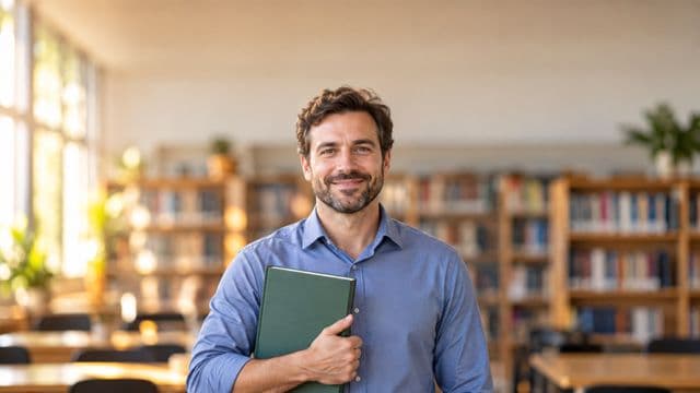 Professor de língua portuguesa sorrindo, com camisa social azul, segurando um livro de capa lisa, em uma biblioteca escolar com estantes