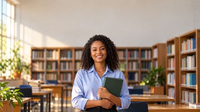 Professora de língua portuguesa sorrindo, com camisa social azul, segurando um livro de capa lisa, em uma biblioteca escolar com estantes