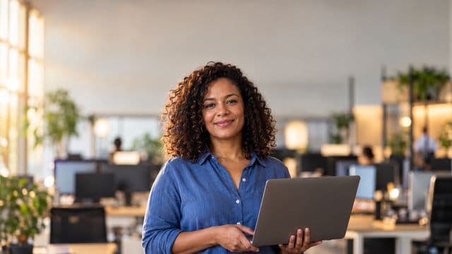 Desenvolvedora de software sorrindo, com camisa casual azul, segurando um notebook aberto, em um escritório de tecnologia moderno com monitores desfocados