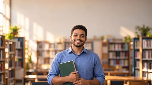 Professor de língua portuguesa sorrindo, com camisa social azul, segurando um livro de capa lisa, em uma biblioteca escolar com estantes