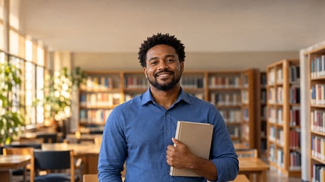 Professor de língua portuguesa sorrindo, com camisa social azul, segurando um livro de capa lisa, em uma biblioteca escolar com estantes