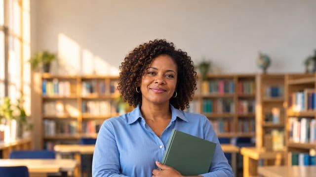 Professora de língua portuguesa sorrindo, com camisa social azul, segurando um livro de capa lisa, em uma biblioteca escolar com estantes