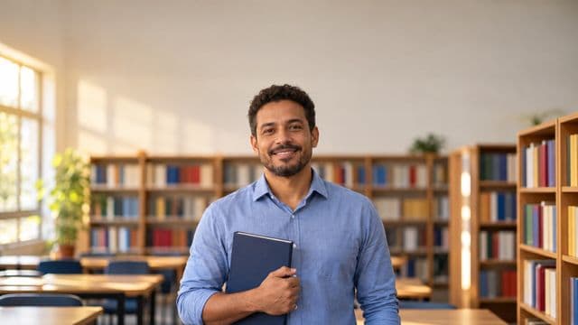 Professor de língua portuguesa sorrindo, com camisa social azul, segurando um livro de capa lisa, em uma biblioteca escolar com estantes