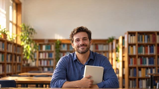 Professor de língua portuguesa sorrindo, com camisa social azul, segurando um livro de capa lisa, em uma biblioteca escolar com estantes