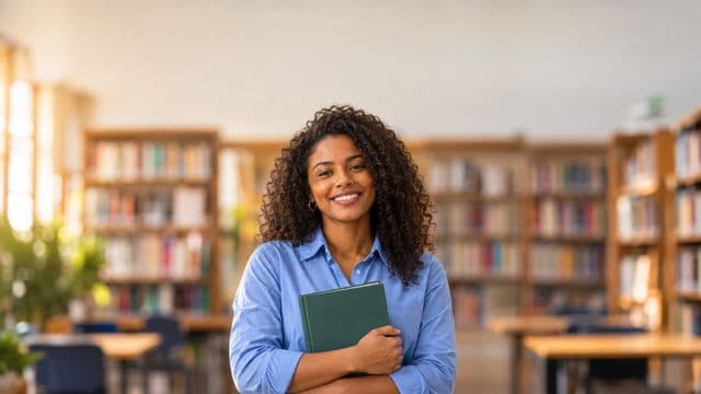 Professora de língua portuguesa sorrindo, com camisa social azul, segurando um livro de capa lisa, em uma biblioteca escolar com estantes