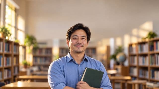 Professor de língua portuguesa sorrindo, com camisa social azul, segurando um livro de capa lisa, em uma biblioteca escolar com estantes