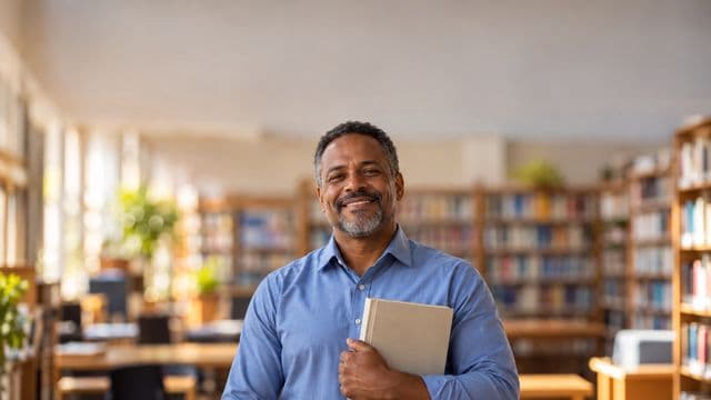 Professor de língua portuguesa sorrindo, com camisa social azul, segurando um livro de capa lisa, em uma biblioteca escolar com estantes