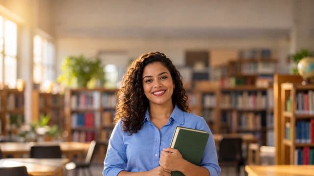 Professora de língua portuguesa sorrindo, com camisa social azul, segurando um livro de capa lisa, em uma biblioteca escolar com estantes