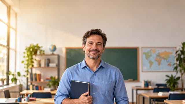 Professor de idiomas sorrindo, com camisa social azul, segurando um livro de capa lisa, em uma sala de aula de idiomas moderna
