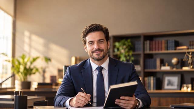 Advogado sorrindo, com terno azul-marinho e camisa branca, segurando um livro de capa lisa e uma caneta, em um escritório de advocacia elegante com estantes de livros