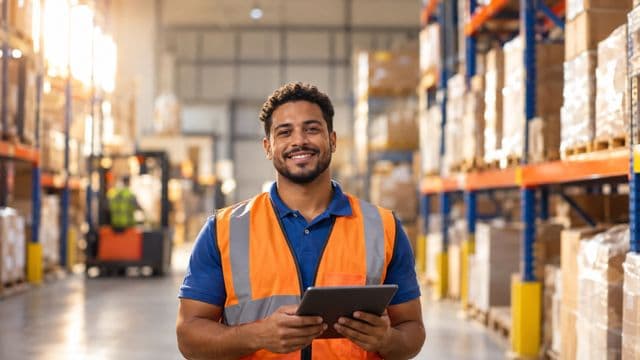 Profissional de logística sorrindo, com colete refletivo laranja sobre camisa polo azul, segurando um tablet, em um centro de distribuição com prateleiras altas e caixas