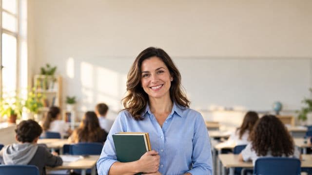 Professora sorrindo, com camisa social azul, segurando livros de capa lisa, em uma sala de aula moderna e clara com alunos desfocados