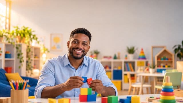 Psicopedagogo sorrindo, com camisa azul-clara, segurando blocos de montar coloridos, em uma sala de atendimento infantil colorida e organizada, com brinquedos pedagógicos