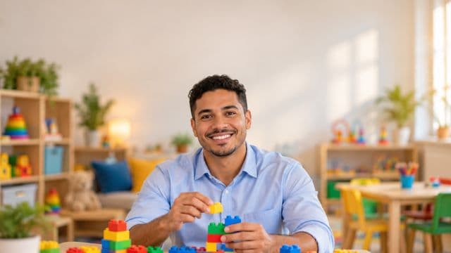 Psicopedagogo sorrindo, com camisa azul-clara, segurando blocos de montar coloridos, em uma sala de atendimento infantil colorida e organizada, com brinquedos pedagógicos