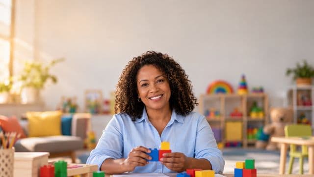 Psicopedagoga sorrindo, com camisa azul-clara, segurando blocos de montar coloridos, em uma sala de atendimento infantil colorida e organizada, com brinquedos pedagógicos
