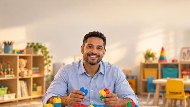 Psicopedagogo sorrindo, com camisa azul-clara, segurando blocos de montar coloridos, em uma sala de atendimento infantil colorida e organizada, com brinquedos pedagógicos