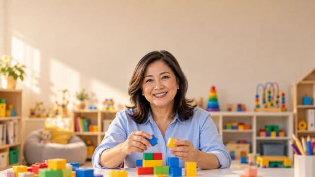 Psicopedagoga sorrindo, com camisa azul-clara, segurando blocos de montar coloridos, em uma sala de atendimento infantil colorida e organizada, com brinquedos pedagógicos