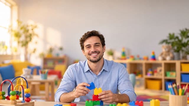 Psicopedagogo sorrindo, com camisa azul-clara, segurando blocos de montar coloridos, em uma sala de atendimento infantil colorida e organizada, com brinquedos pedagógicos