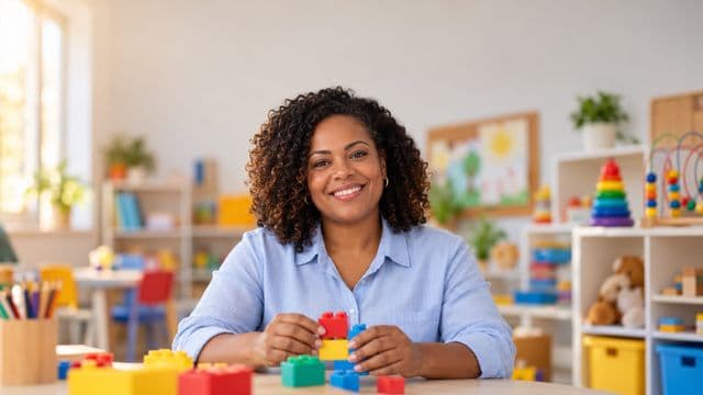 Psicopedagoga sorrindo, com camisa azul-clara, segurando blocos de montar coloridos, em uma sala de atendimento infantil colorida e organizada, com brinquedos pedagógicos