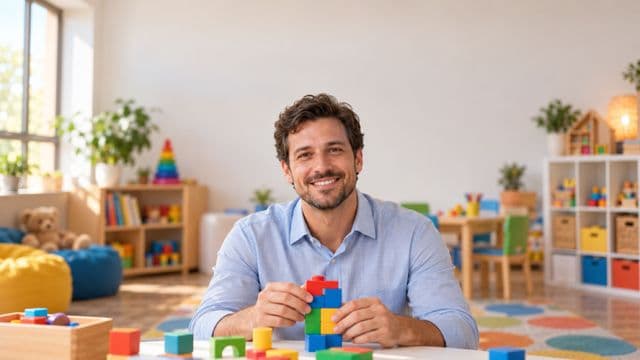 Psicopedagogo sorrindo, com camisa azul-clara, segurando blocos de montar coloridos, em uma sala de atendimento infantil colorida e organizada, com brinquedos pedagógicos