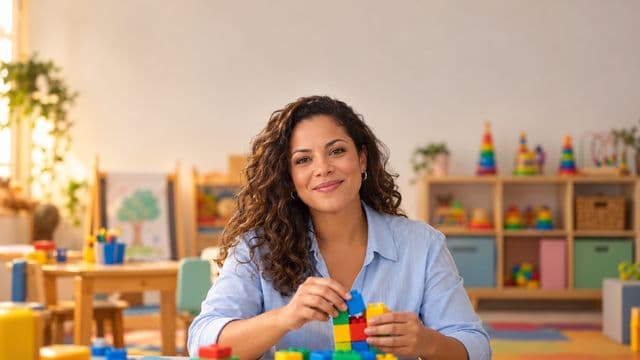 Psicopedagoga sorrindo, com camisa azul-clara, segurando blocos de montar coloridos, em uma sala de atendimento infantil colorida e organizada, com brinquedos pedagógicos