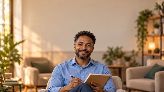 Psicólogo sorrindo, com camisa social azul, sem gravata, segurando um caderno de anotações, em um consultório de psicologia aconchegante com poltronas e plantas