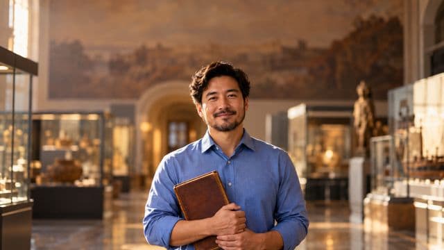 Professor de história sorrindo, com camisa social azul, segurando um livro antigo de capa lisa, em um museu histórico com vitrines desfocadas
